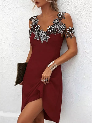 White with Lace Floral Trim Cold Shoulder Mini Dress