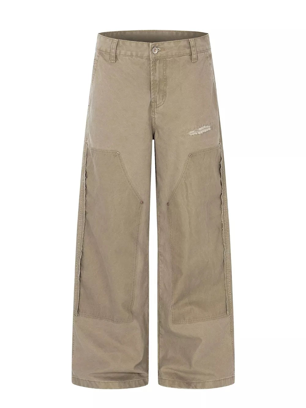 Khaki wide-leg cargo pants with distressed details and deconstructed seams.