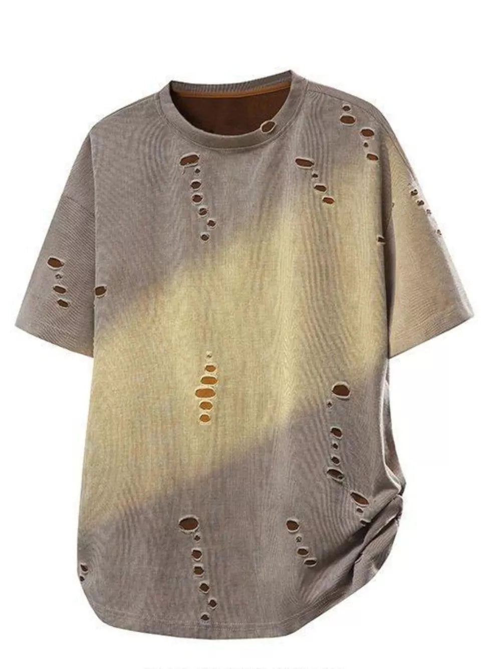 Oversized taupe distressed cotton t-shirt with a faded yellow ombre effect and ripped details.