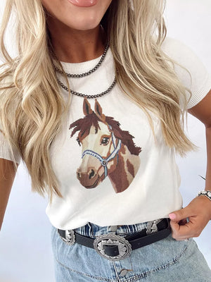 White short-sleeve sweater with horse head graphic, crew neck, cotton blend