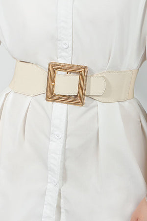 Ivory elasticated waist belt with textured gold square buckle