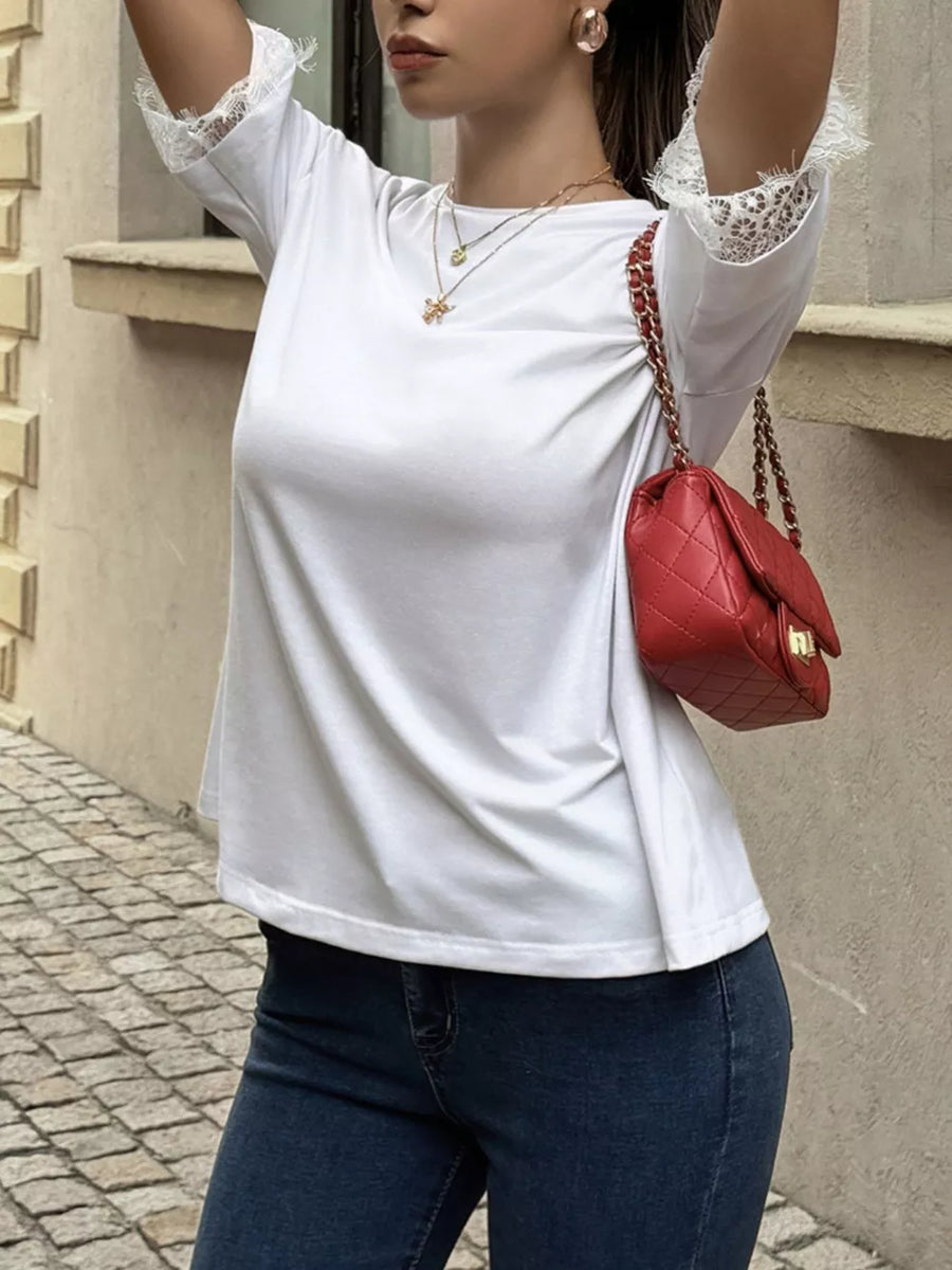 White with Lace Trimmed Casual T-shirt