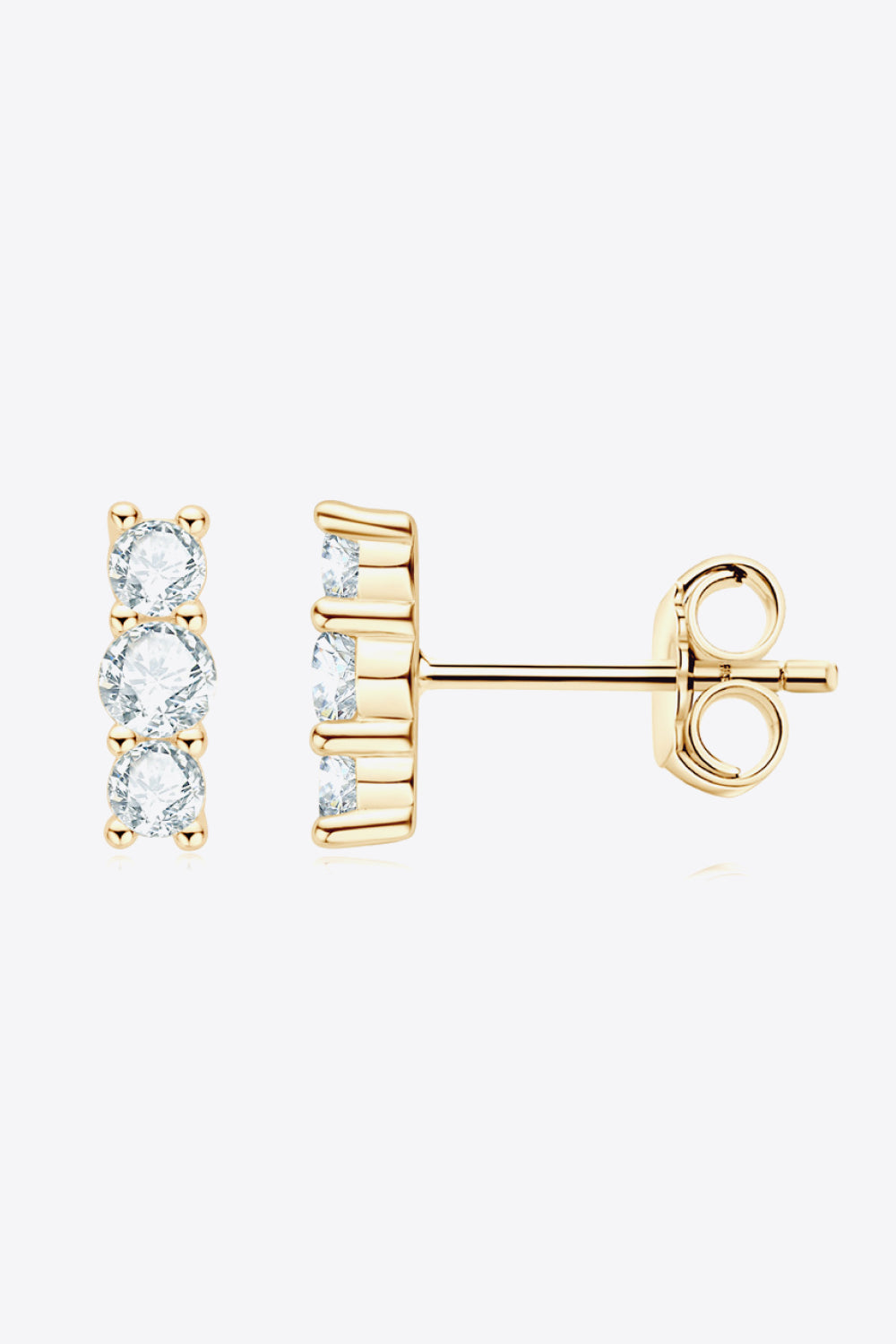 Gold triple stone bar stud earrings with clear cubic zirconia stones