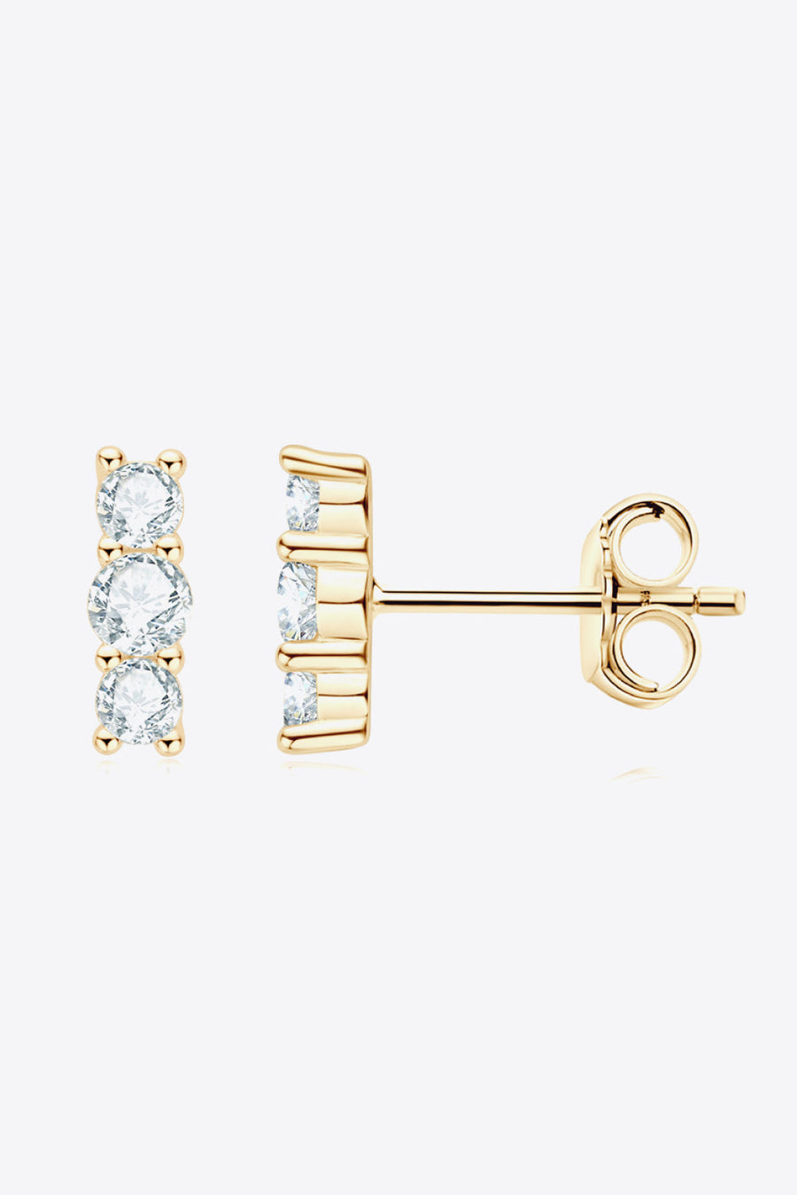 Gold triple stone bar stud earrings with clear cubic zirconia stones