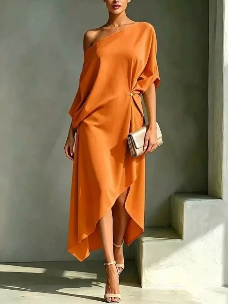 Orange one-shoulder midi dress with draped detail and asymmetrical hem