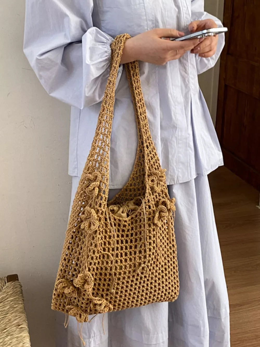 handbag in camel featuring crochet construction and relaxed fit