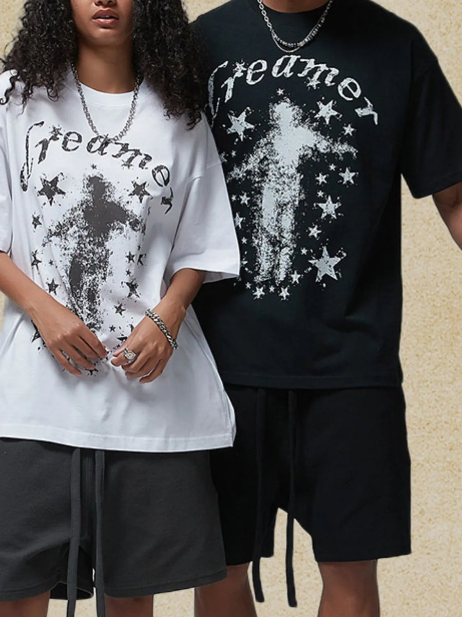 GeoPrint graphic t-shirt in black and white with distressed text and star pattern.