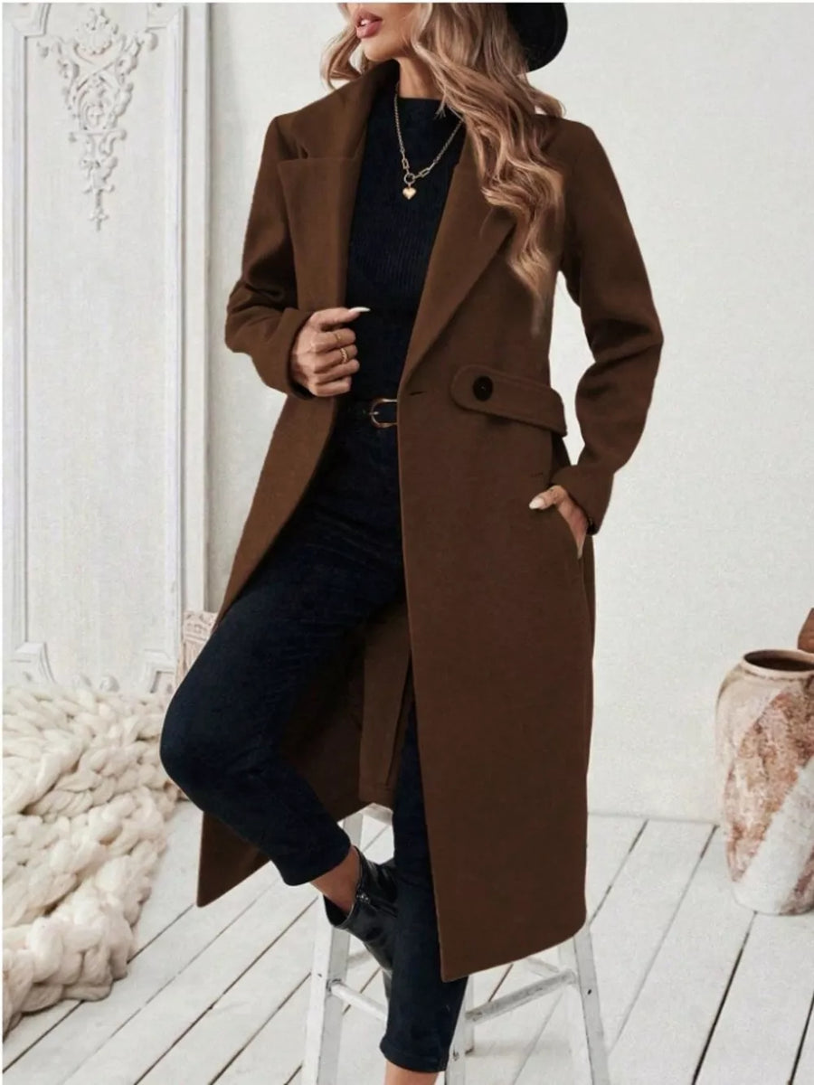 Elegant Lapel Collar Belted Trench Coat Plus Size in Khaki