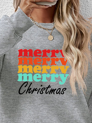 Gray crewneck sweatshirt with retro "merry merry Christmas" graphic in red, orange, yellow, and teal.