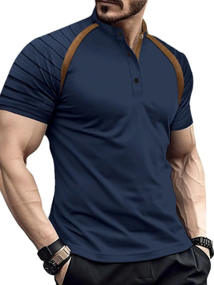 Navy polo shirt with contrast brown raglan sleeves and mandarin collar.