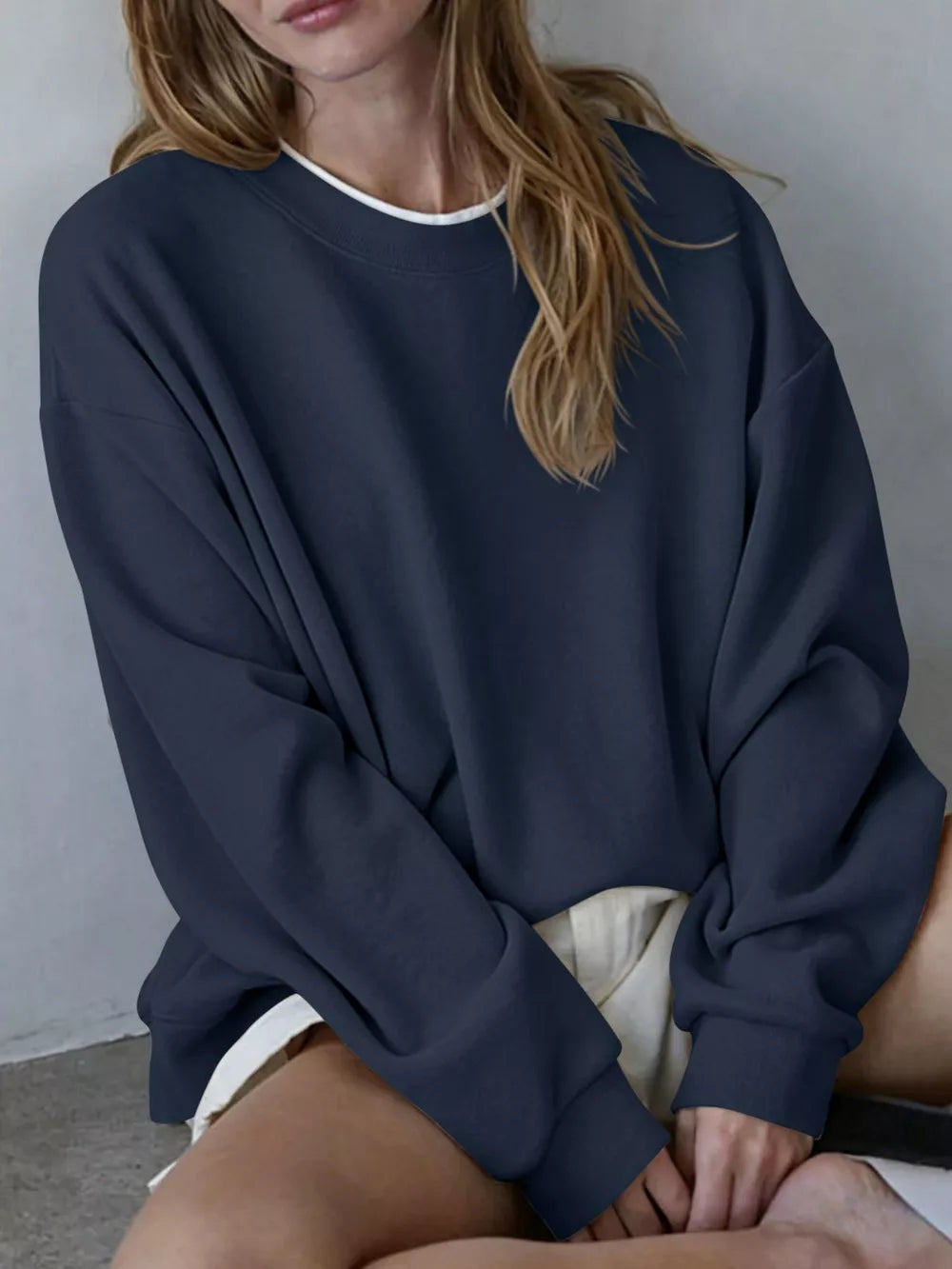 Navy Blue-spot sweatshirt with hip-length and pullover