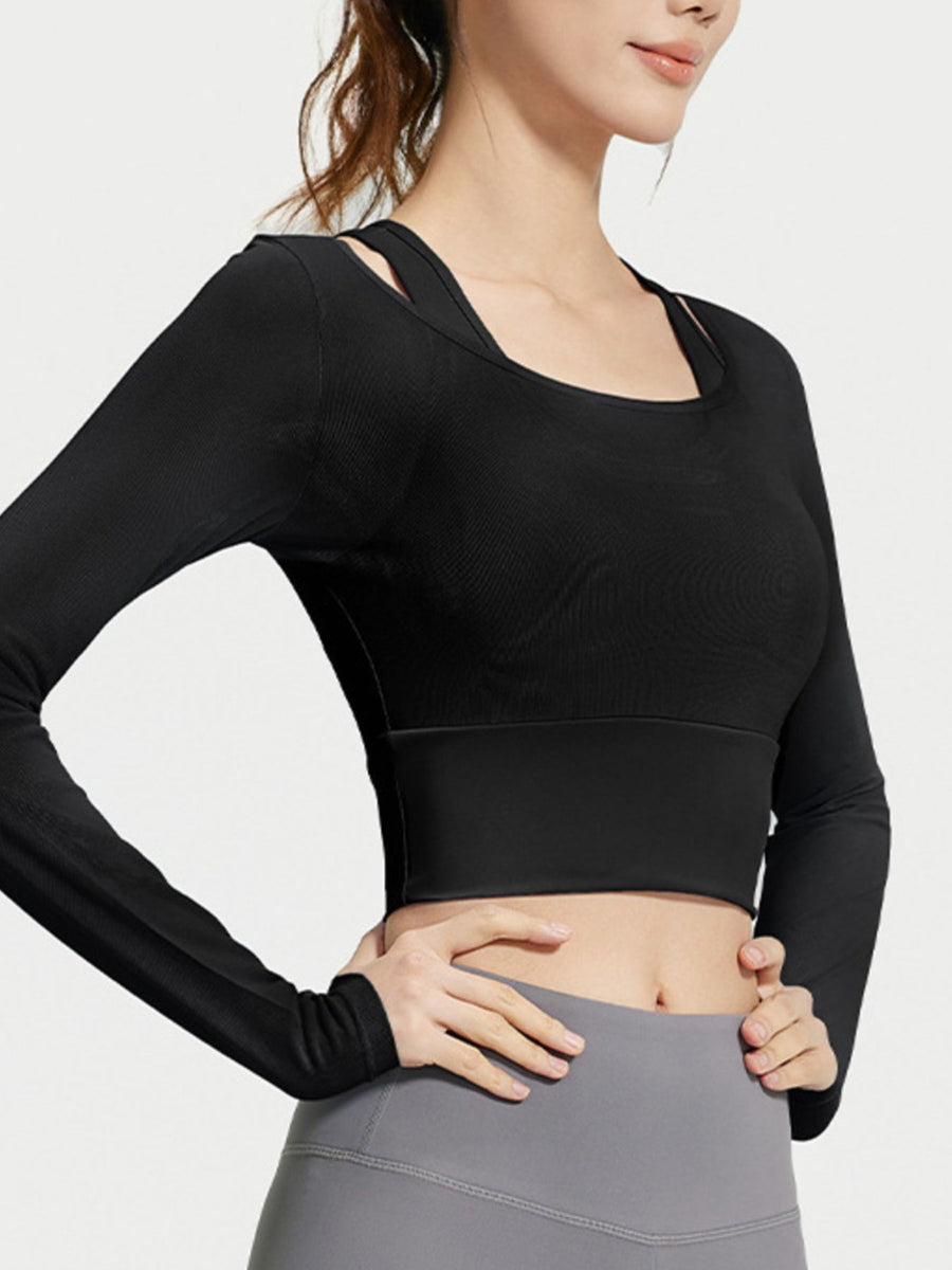 Long Sleeve Active T-Shirt With Built-In Bra in Black with lightweight