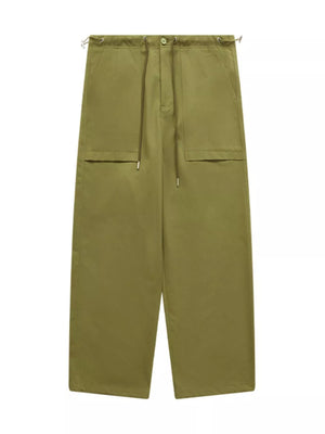 Relaxed fit cargo trousers in yellow-green with drawstring waist and utility pockets.