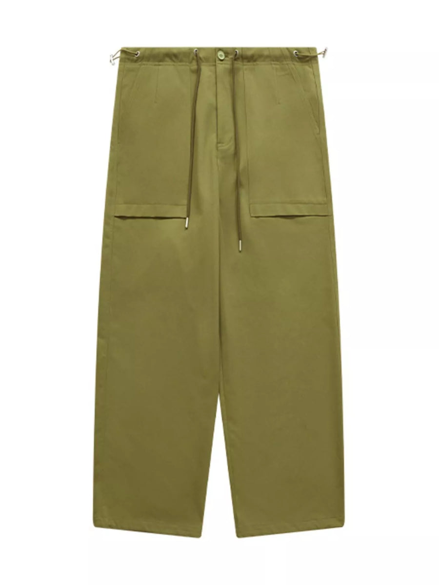 Relaxed fit cargo trousers in yellow-green with drawstring waist and utility pockets.