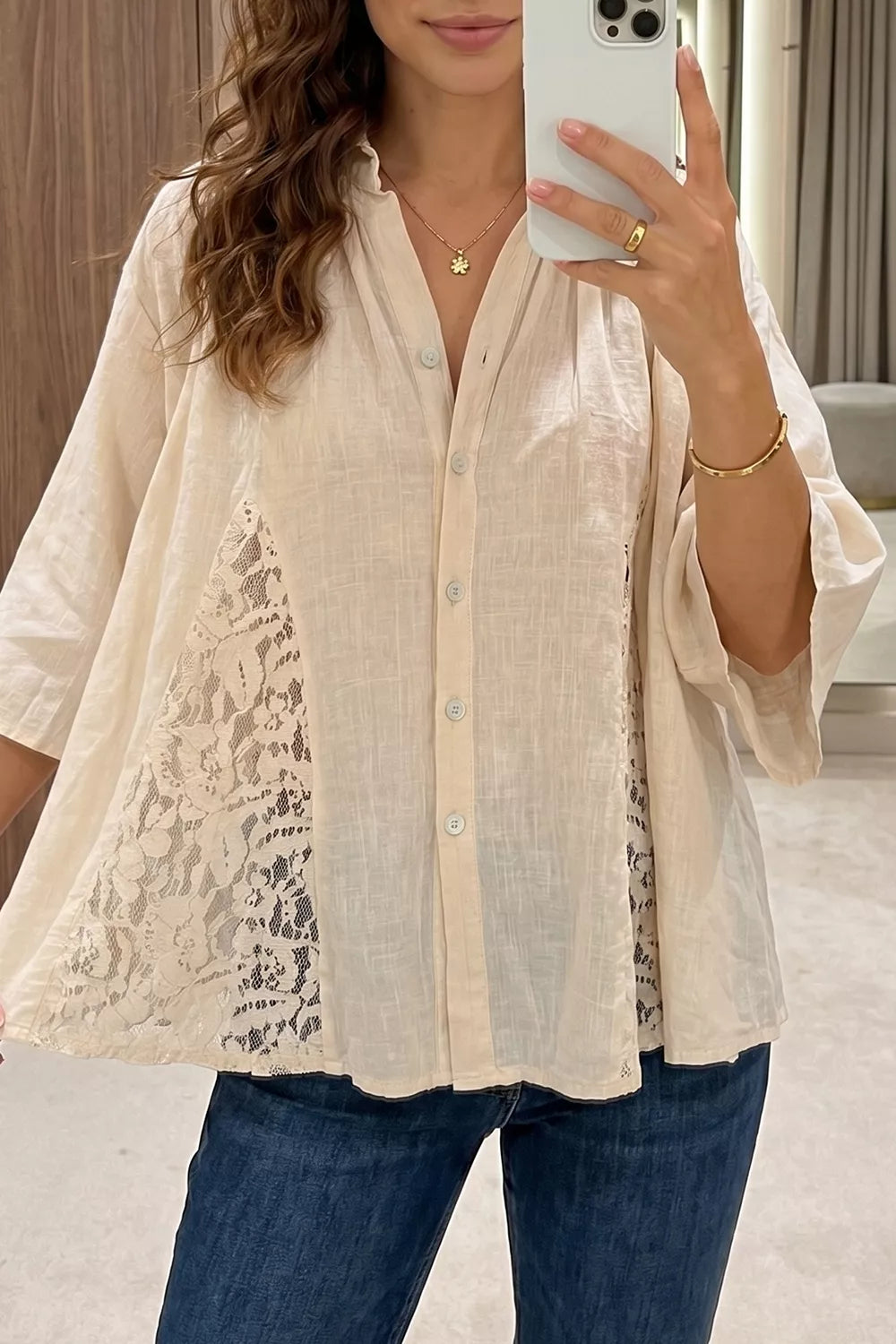 Beige Sheer Lace Splicing Detail Loose Shirt
