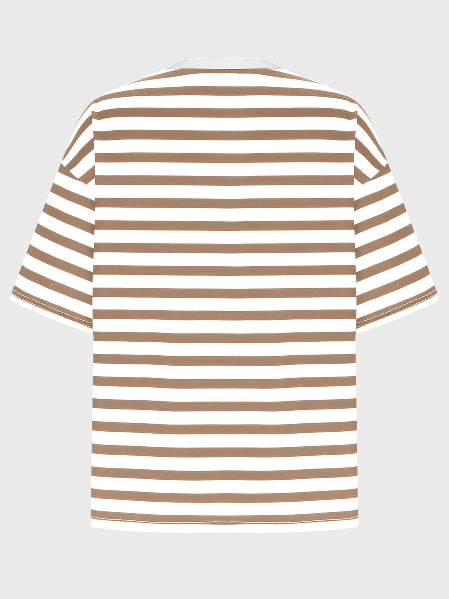 Oversized striped tee in taupe and white with dropped sleeves and a crew neck.