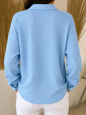 Navy Blue button-down shirt featuring buttoned and waffle knit