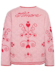 Heart embroidered seersucker jacket in deep red with quilted detail and bow accents.