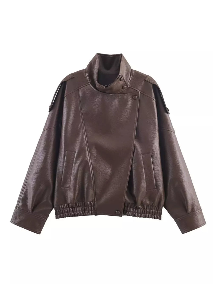 Black with Asymmetrical Faux Leather Moto Jacket in Black