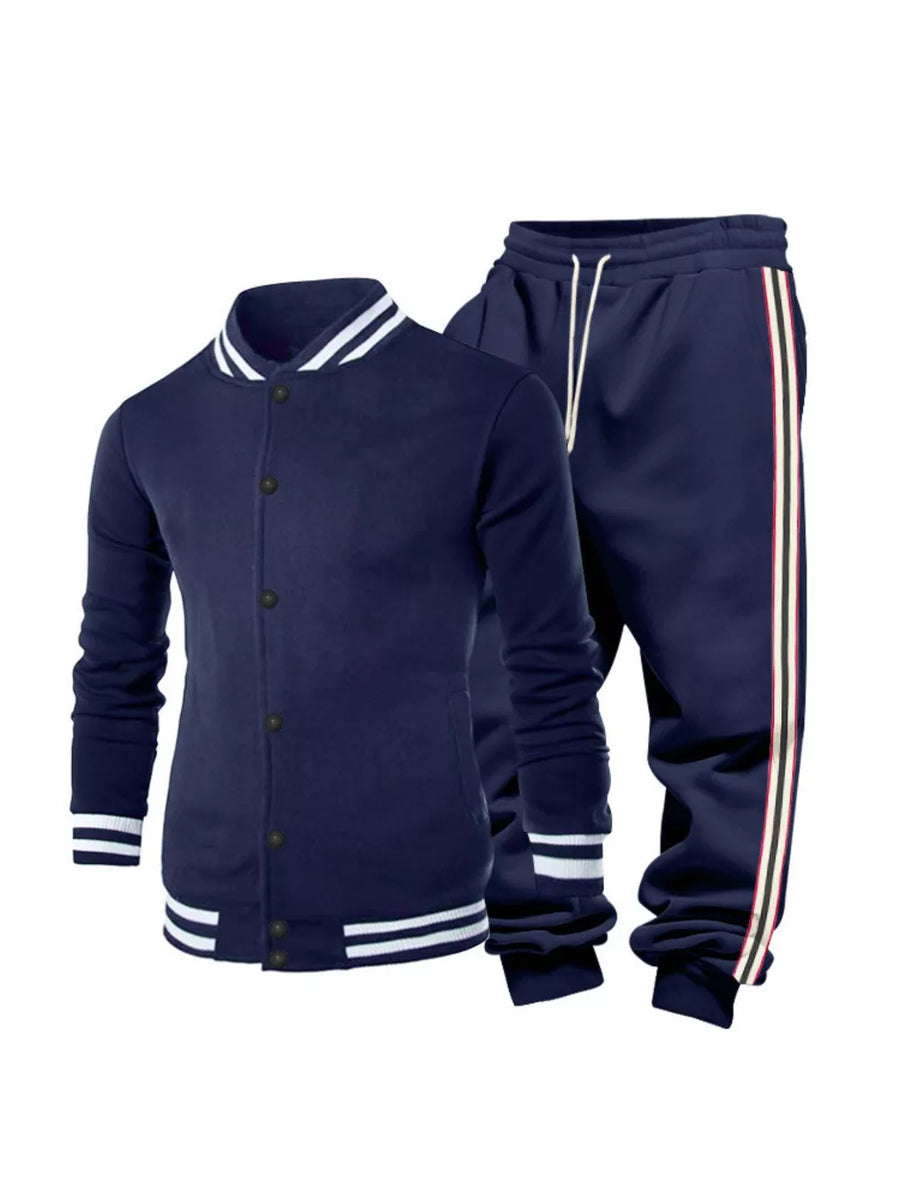 Navy striped two-piece men's track set with contrast trim on collar and cuffs.