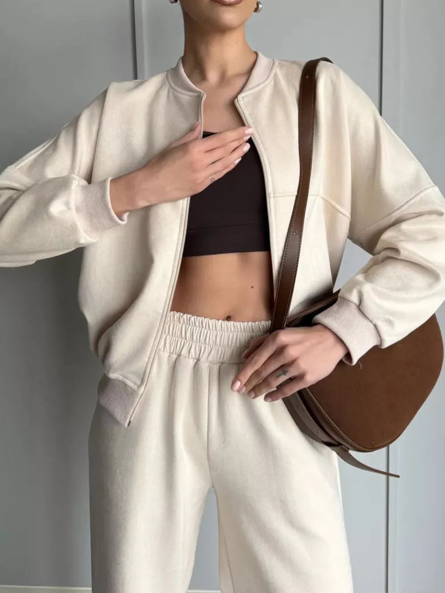 Apricot lounge set with waist-length, full-length and zip-front, elastic