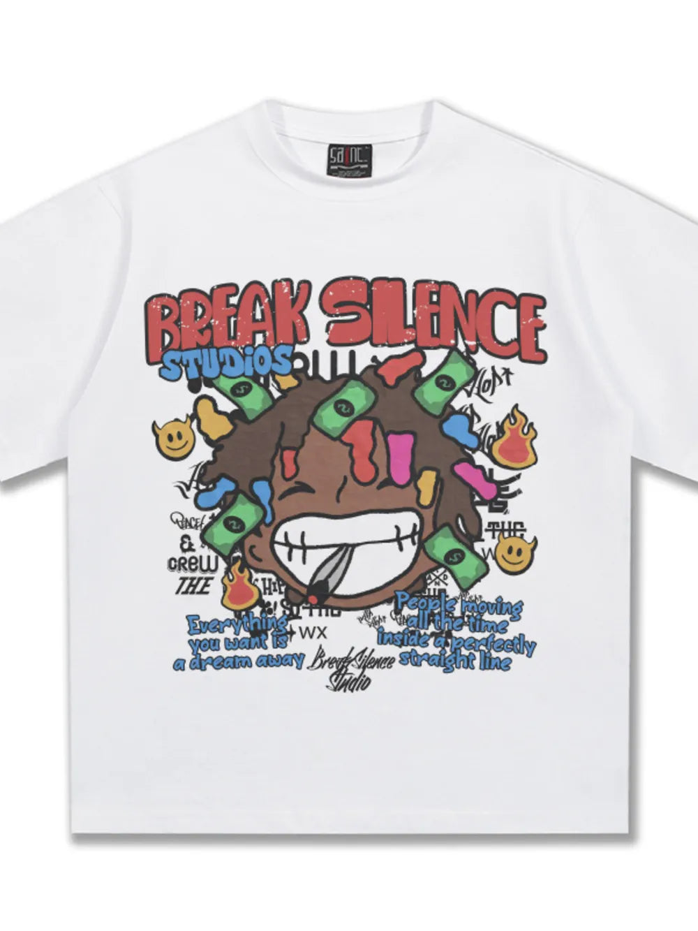 White cotton blend graphic tee with bold "Break Silence Studios" print and cartoon face.
