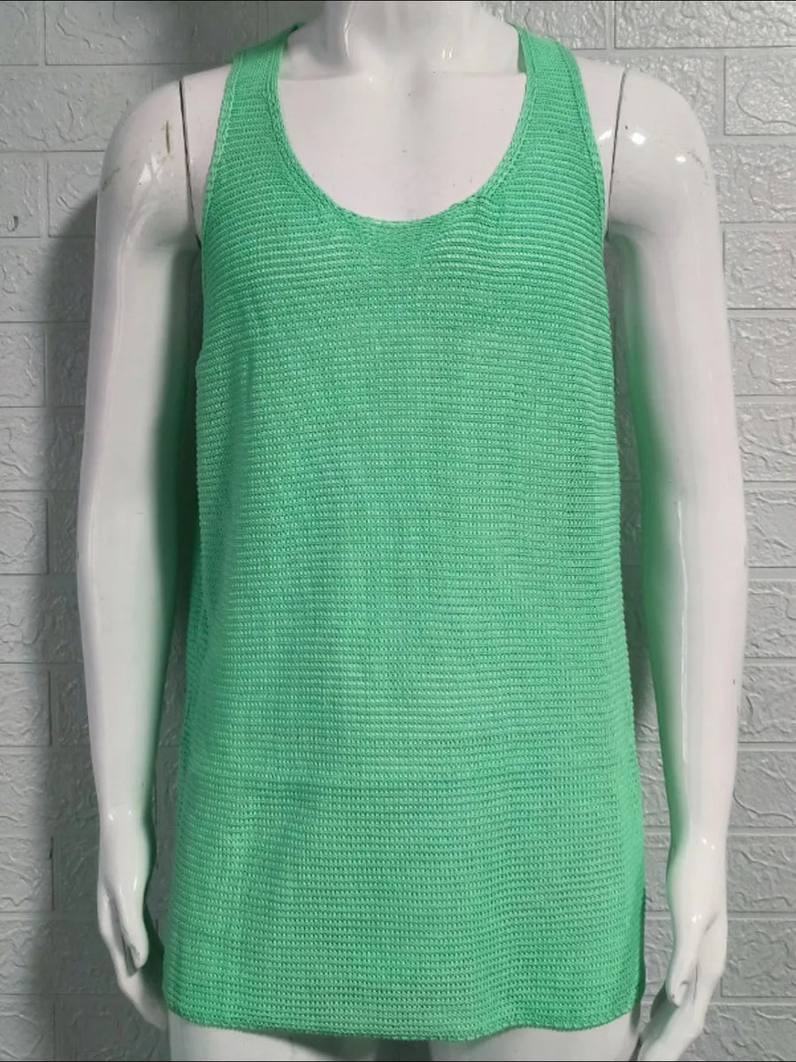 Open-knit scoop neck tank top in Gum Leaf acrylic with a textured knit.