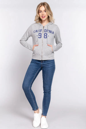 Grey zip hoodie with California '98 graphic, long sleeves, and front pockets.