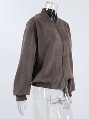charcoal brown bomber jacket with dropped shoulder and long sleeve