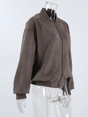 charcoal brown bomber jacket with dropped shoulder and long sleeve