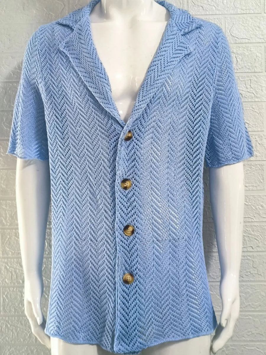 Light blue open-knit herringbone resort shirt with a collar and buttons.