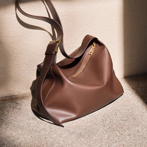 Caramel pu leather shoulder bag with gold buckle and zipper detail