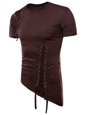 Brown cotton t-shirt with asymmetric hem and lace-up detail on side and shoulder.