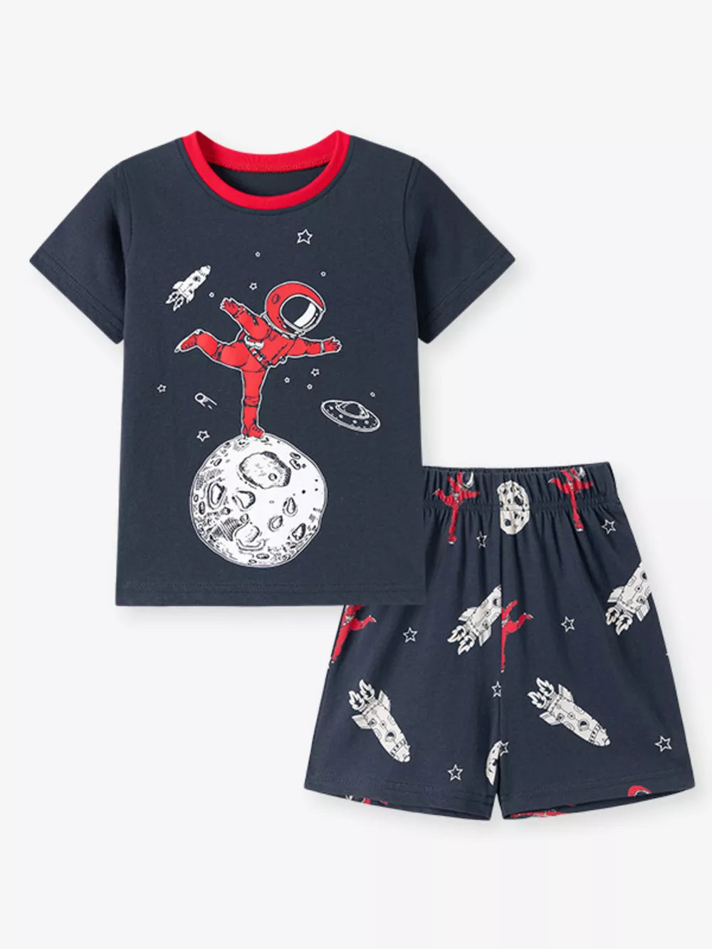 Children's dark gray cotton astronaut and rocket print tee and shorts set with red trim.