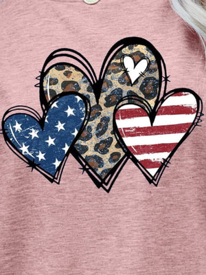Dusty Pink Wild Hearts USA Leopard Tee with American flag and striped hearts graphic.