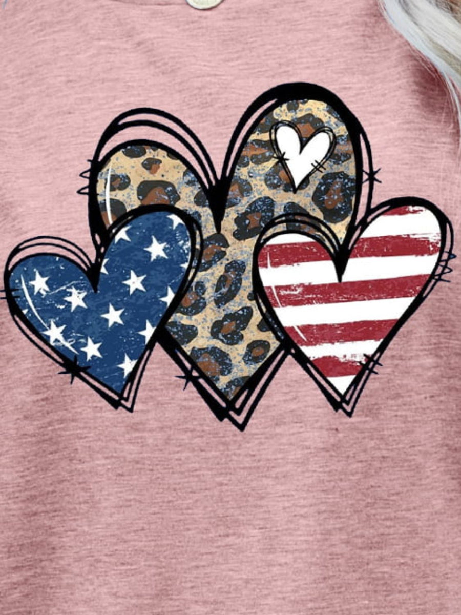 Dusty Pink Wild Hearts USA Leopard Tee with American flag and striped hearts graphic.