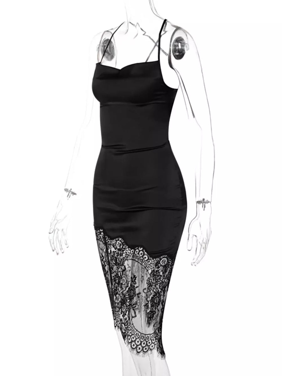 Black satin cowl neck dress with lace trim detail