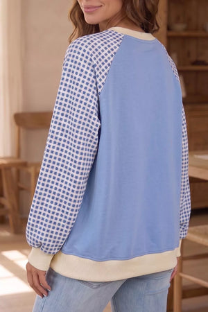 Light Blue with Plaid Raglan Sleeve Sweatshirt in Light Blue