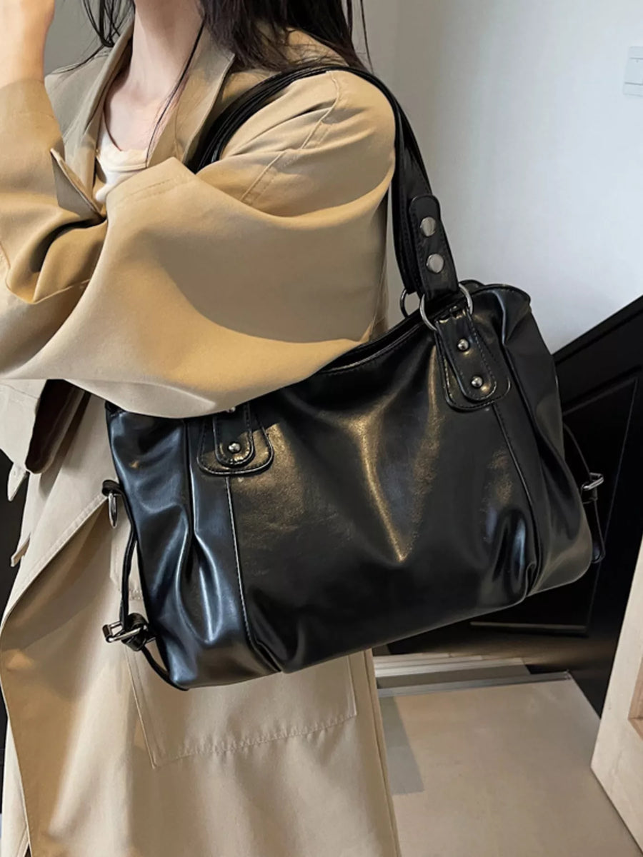 Black vintage PU leather shoulder bag with silver hardware detail