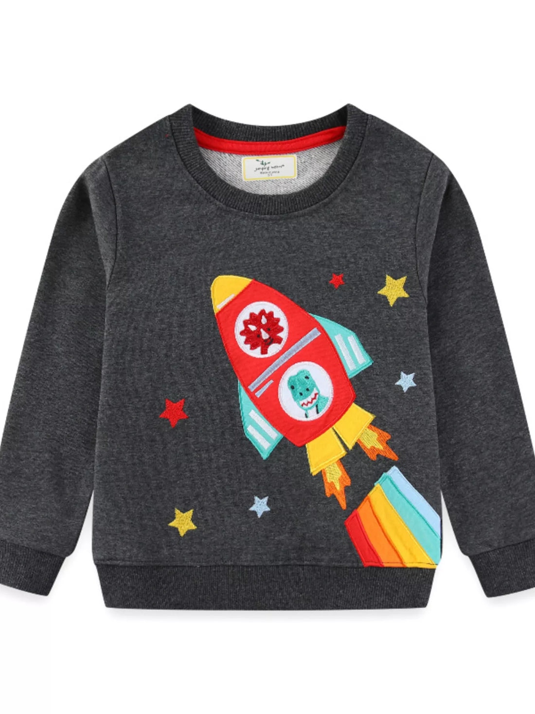 Dark gray crew neck sweatshirt with embroidered rocket and stars for baby.