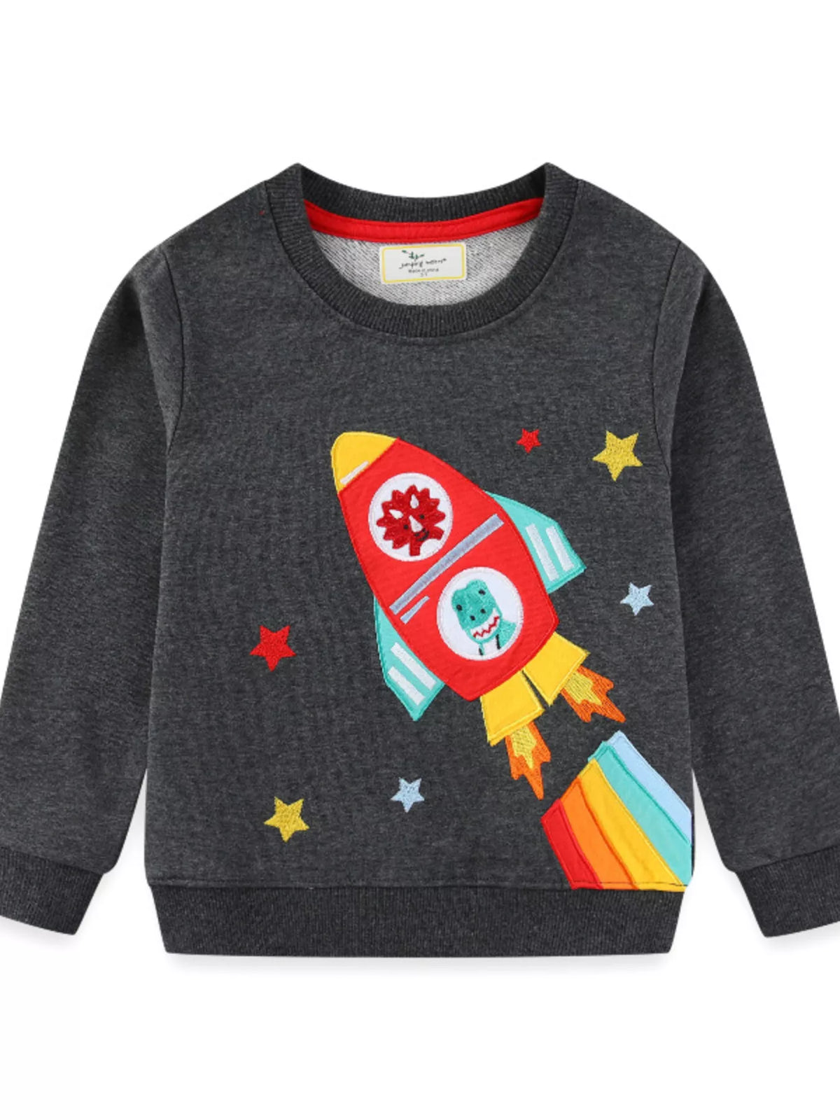 Dark gray crew neck sweatshirt with embroidered rocket and stars for baby.