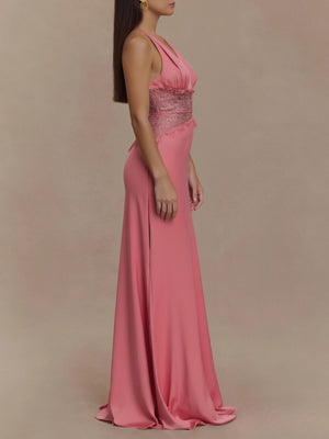Fuchsia pink halter neck maxi dress with lace trim waist detail