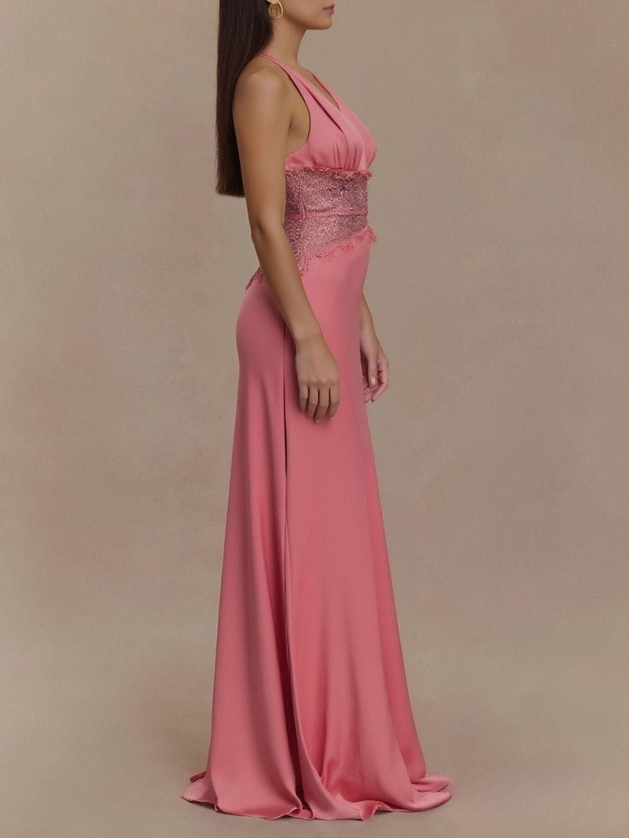 Fuchsia pink halter neck maxi dress with lace trim waist detail