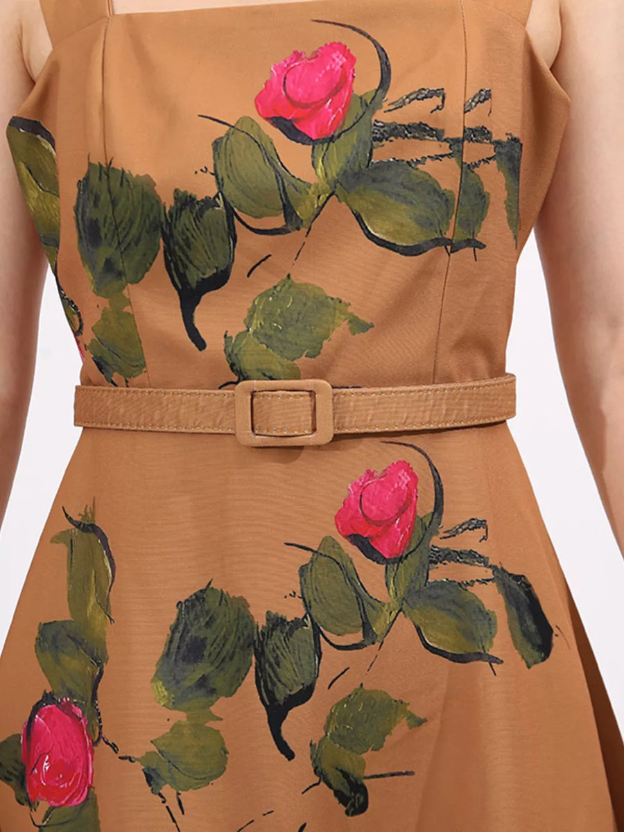 Brown floral print square neck sleeveless midi dress with matching belt.