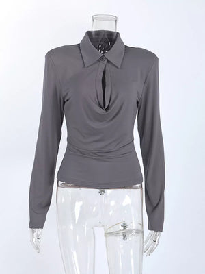 charcoal blouse with seam detail and long sleeve