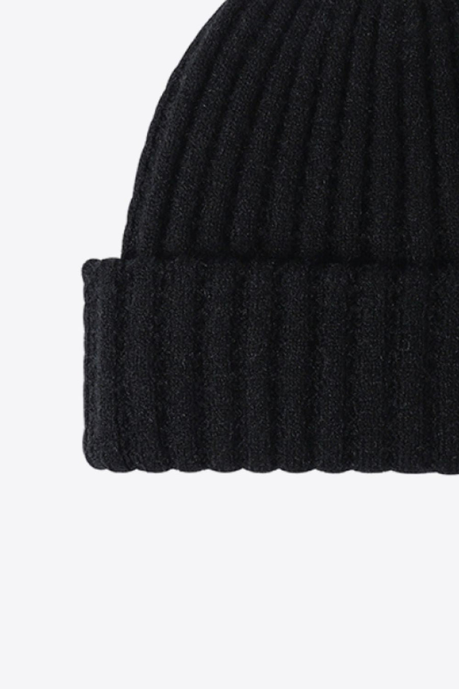 Black acrylic ribbed knit beanie with a folded cuff