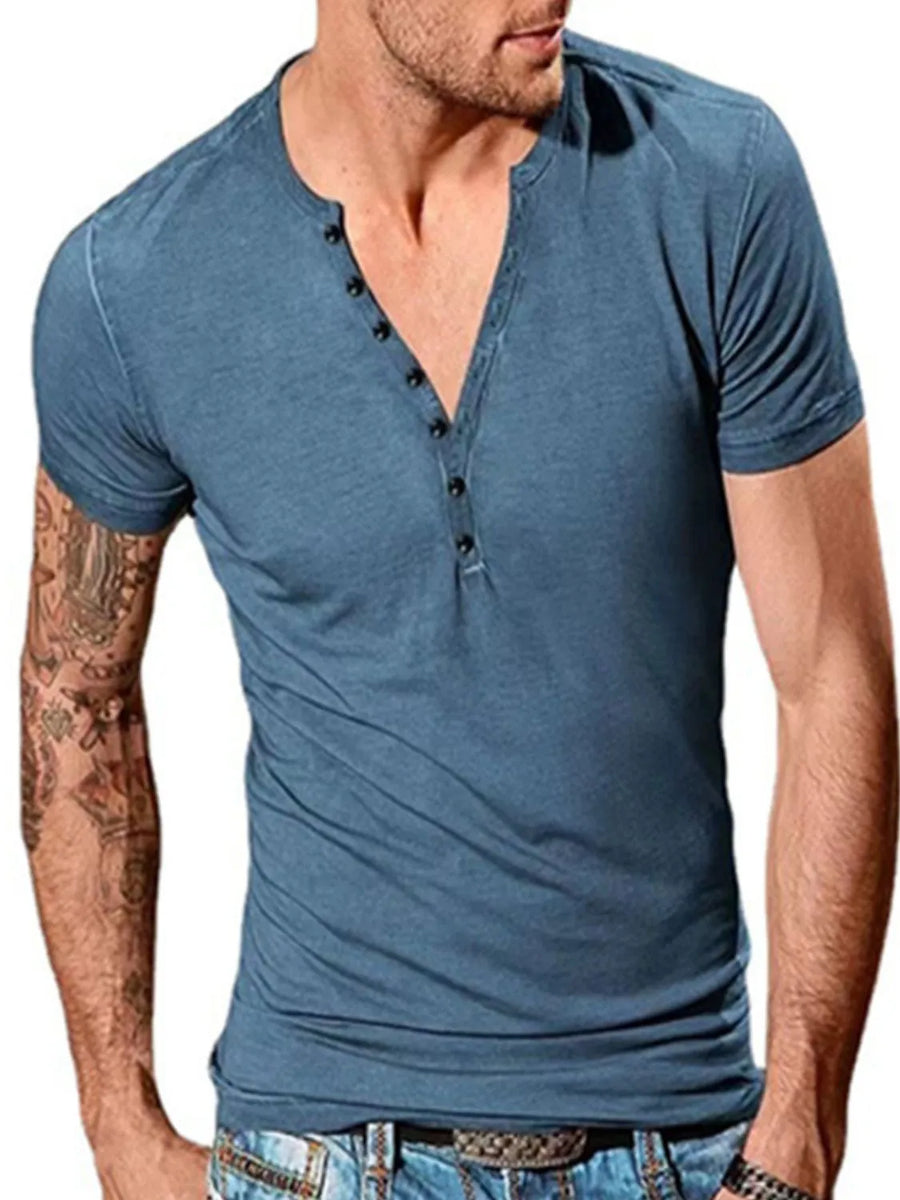 Dusty blue slub cotton henley tee with button placket and short sleeves.