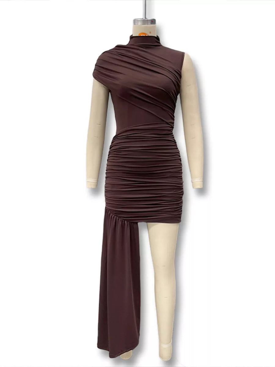 Brown asymmetrical mock neck dress with ruched bodice and draped skirt detail.