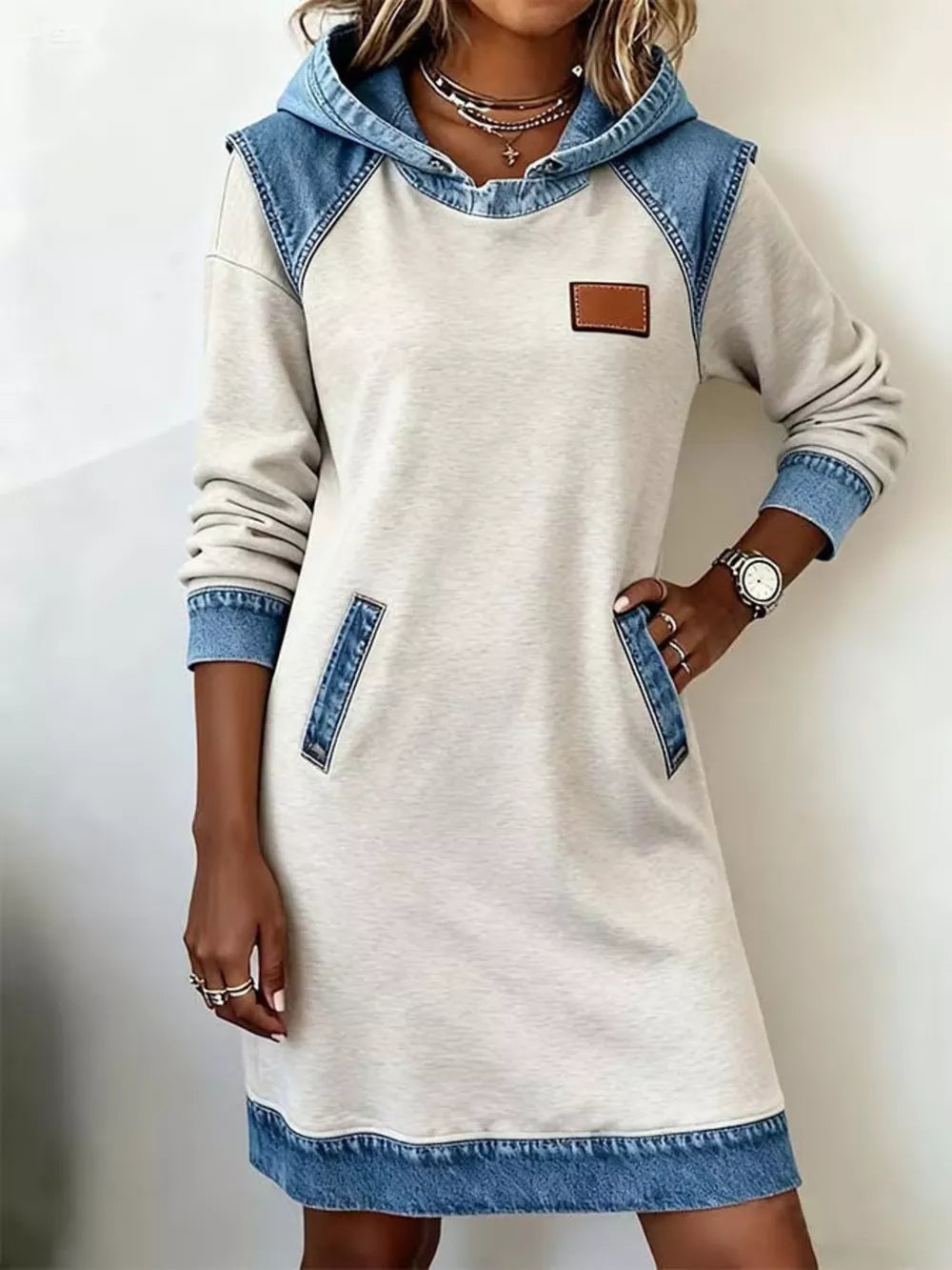 light gray sweatshirt dress with patchwork and hooded