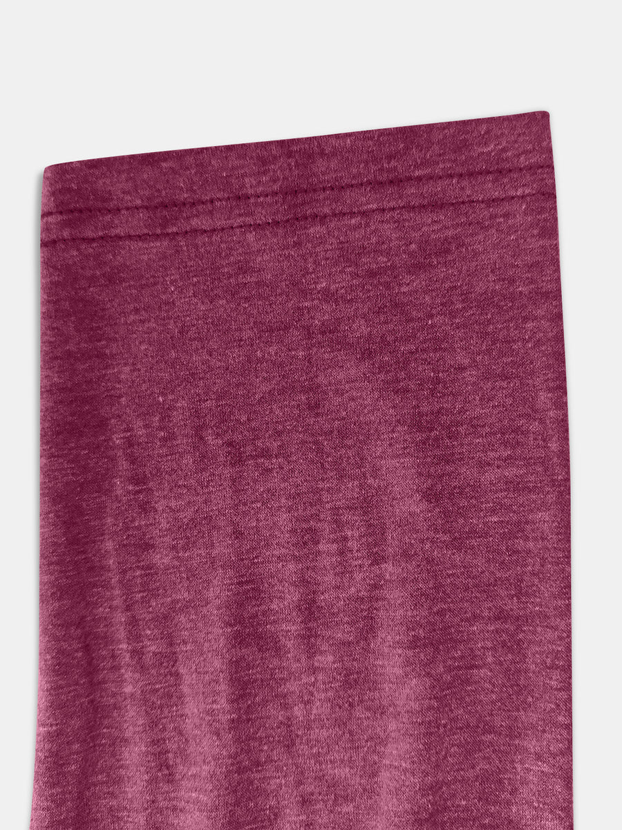 Buttoned henley slouch tee in cerise heather fabric with visible stitching detail.
